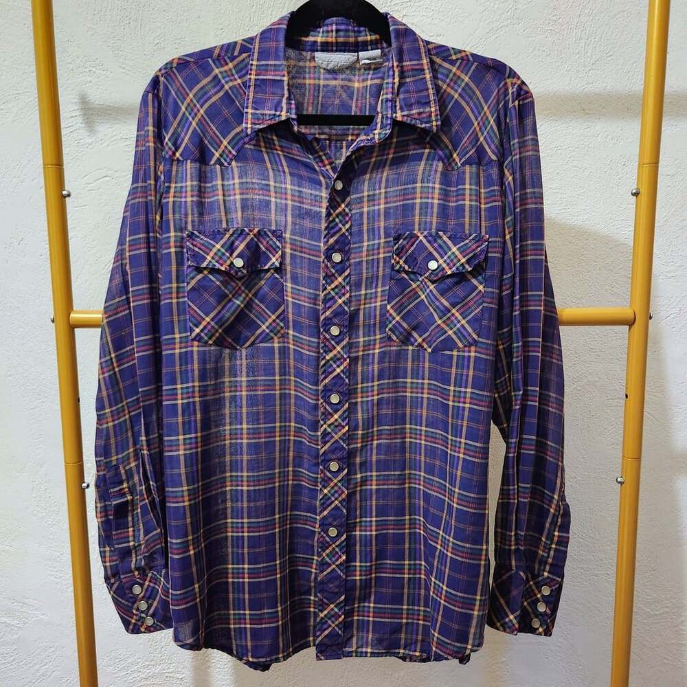 Year Round Western Pearl Snap Plaid Shirt Size L Purple